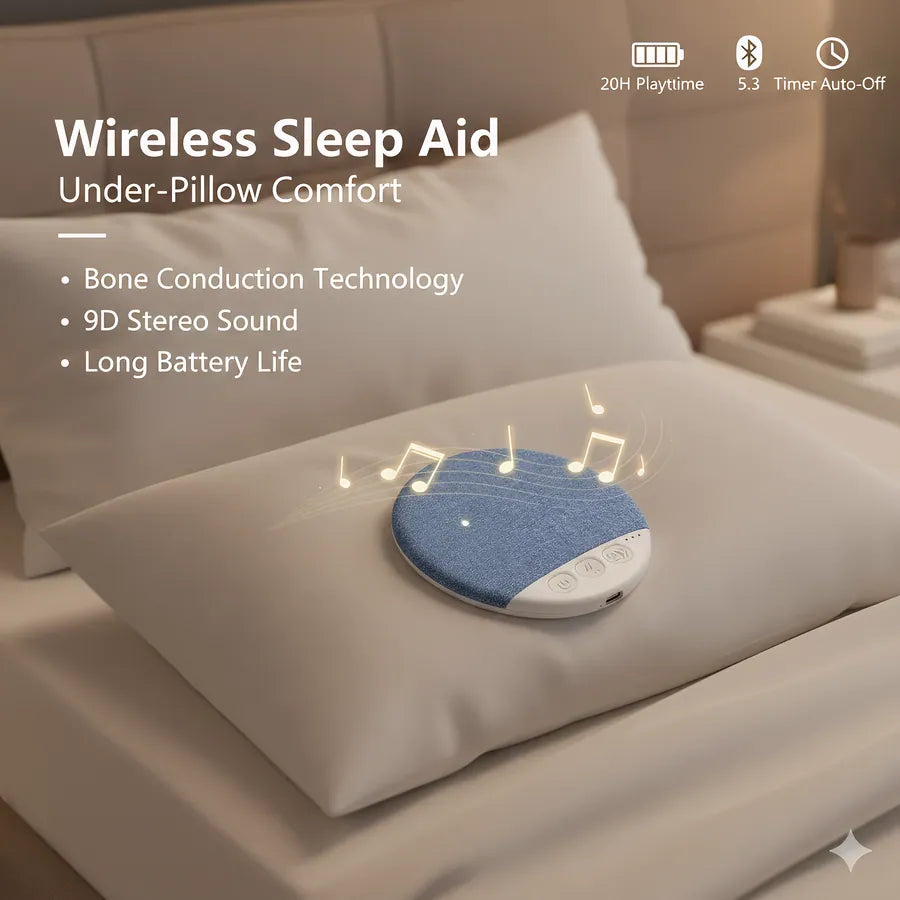 NovaCraft under-pillow speaker in a softly lit bedroom
